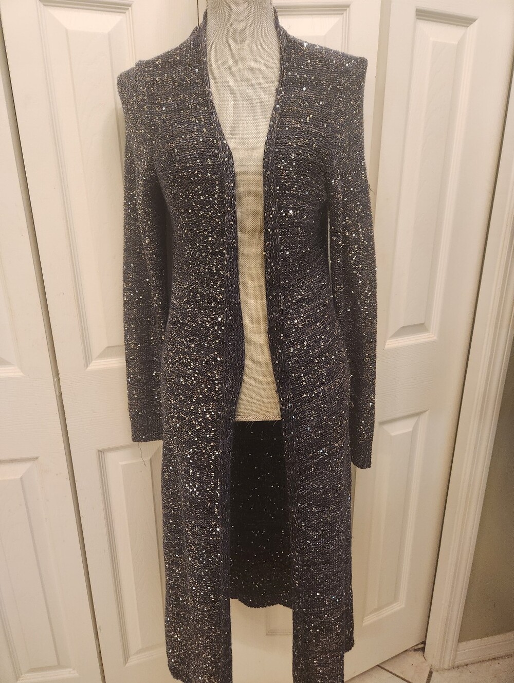 White House Black Maeket Long Open-Front Sparkle Knit Cardigan